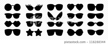 Vector Flat Frame Glasses Silhouette Icon Set. Sunglasses, Vintage Eyeglasses, Lenses. Optics and Eyewear Design Template. Vector Illustration. Flat Vector Design for Eyewear and Optics 118288344