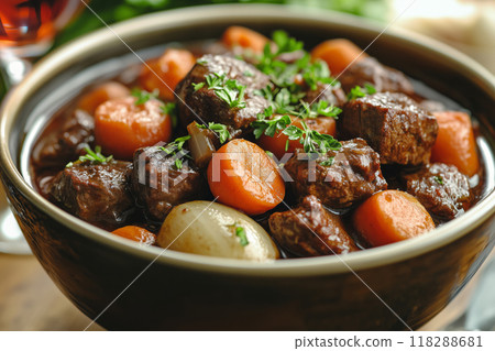 A warm bowl of rich beef bourguignon stew cooked with red wine and fresh vegetables enjoyed on a cozy evening at home 118288681