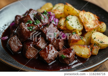 Indulgent veal liver ragout paired with crispy roast potatoes and a rich red wine sauce Indulgent veal liver ragout paired with crispy roast potatoes and a rich red wine sauce 118288716