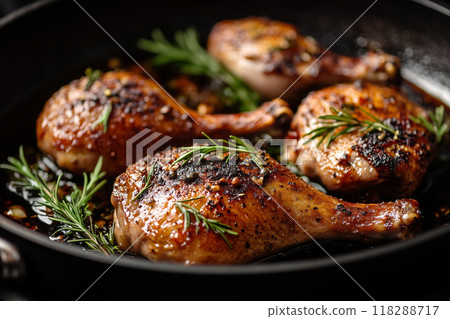 Sizzling duck legs confit with aromatic herbs, cooking to perfection in a black skillet on a cozy kitchen stovetop 118288717