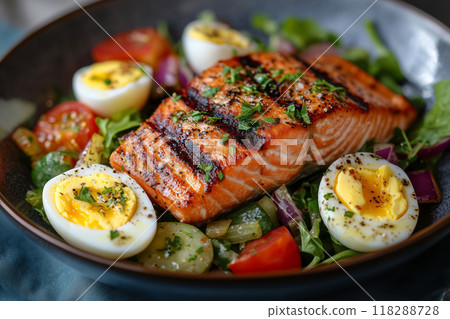 Delicious grilled salmon nicoise salad with fresh vegetables and perfectly boiled eggs served in a rustic bowl 118288728