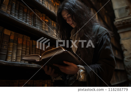 A vampire engrossed in ancient tomes on magic in a dimly lit, dusty library at midnight 118288779