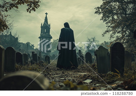 An abandoned figure of Dracula wanders through a forgotten graveyard beneath a moody sky at twilight 118288780