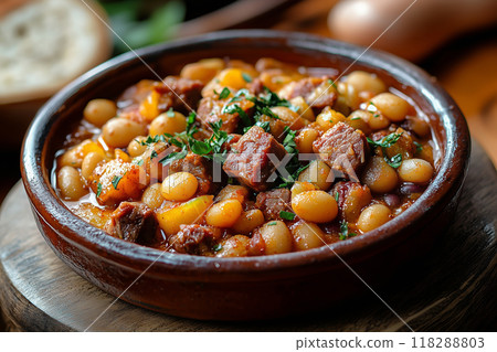 Savoring the warmth of homemade fabada asturiana with stewed beans in a rustic setting on a cozy autumn evening 118288803