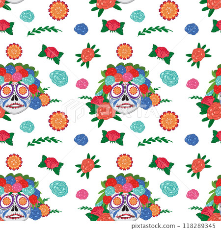 Colorful Floral Sugar Skull Pattern 118289345