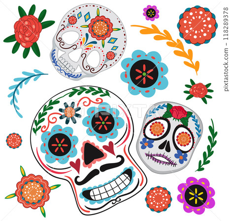 Colorful Sugar Skulls and Flowers Colorful Sugar Skulls and Flowers 118289378