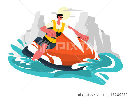 Vector Illustration of People Riding Jet Skis with Summer Vacation Recreation and Resort Beach Activities in Flat Extreme Water Sports Background 118289381