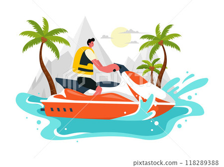Vector Illustration of People Riding Jet Skis with Summer Vacation Recreation and Resort Beach Activities in Flat Extreme Water Sports Background Vector Illustration of People Riding Jet Skis with Summer Vacation Recreation and Resort Beach Activities in Flat Extreme Water Sports Background 118289388