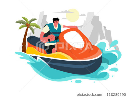 Vector Illustration of People Riding Jet Skis with Summer Vacation Recreation and Resort Beach Activities in Flat Extreme Water Sports Background 118289390