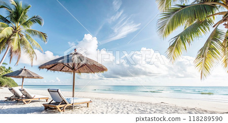 beautiful tropical beach sea and ocean with coconut palm tree on blue sky and white cloud beautiful tropical beach sea and ocean with coconut palm tree on blue sky and white cloud 118289590