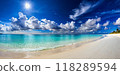 beautiful tropical beach sea and ocean with coconut palm tree on blue sky and white cloud 118289594