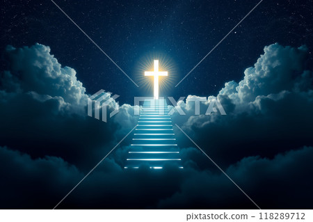 通往天堂的階梯和閃亮的十字架 118289712