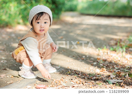 One-year-old child picking up acorns One-year-old child picking up acorns 118289909
