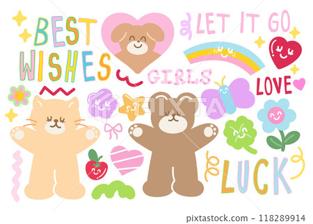 Teddy bear, cat, puppy, butterfly, flowers, star, heart, apple, rainbow, clover leaf for cartoon character, card print, animals, zoo, souvenir shop, cute patch, print, standee, toy, doll, best wishes	 118289914