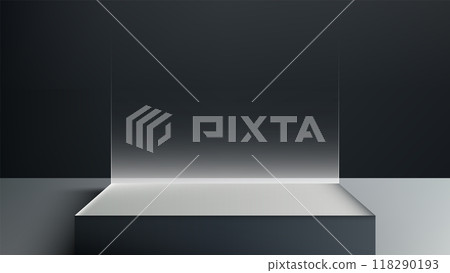 Minimalist 3D White Podium with Translucent Glass Panel on Dark Background, Elegant Modern Design for Product Display, Mockup, Showroom Minimalist 3D White Podium with Translucent Glass Panel on Dark Background, Elegant Modern Design for Product Display, Mockup, Showroom 118290193