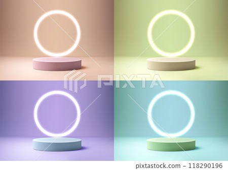 3D Round Podium with Glowing Neon Circle on soft Background, Minimal Style, Technology Concept, Product Display, Mockup, Showroom 118290196