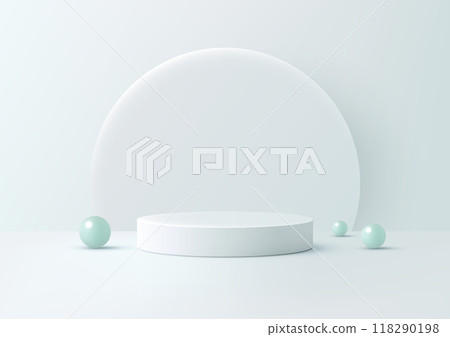 Minimalist 3D White Podium Scene with Light Blue Spheres, Elegant Cylindrical Platform and Circular Backdrop for Product Display, Mockup, and Showcase 118290198