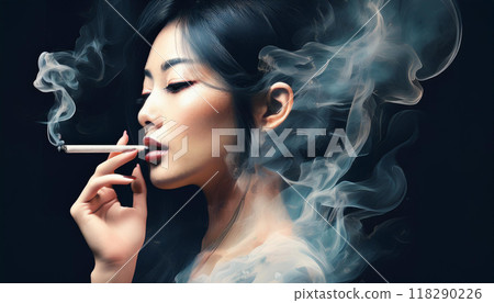 ai smoking cigarette Profile of a woman smoking a cigarette... - Stock Illustration [118290226]
