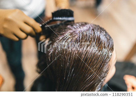 Adult woman dyeing her gray hair at a beauty salon Adult woman dyeing her gray hair at a beauty salon 118290351