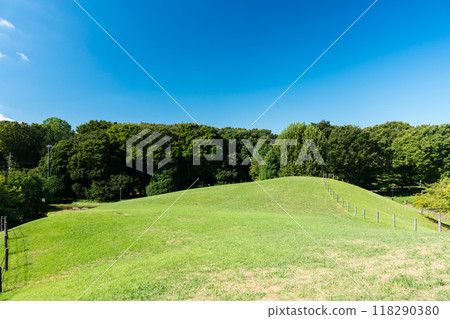 陽光明媚的夏日,從東京調布市深大寺自由廣場(主體育館上方)旁的山頂俯視藍天 陽光明媚的夏日,從東京調布市深大寺自由廣場(主體育館上方)旁的山頂俯視藍天 118290380