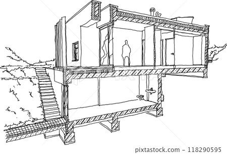 hand drawn architectural sketch of section of modern two story detached house with flat roof and garden 118290595