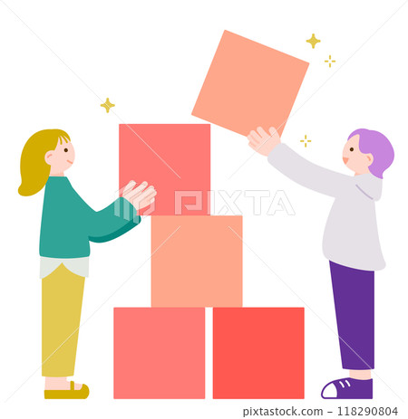 Image illustration of people working together to stack building blocks 118290804
