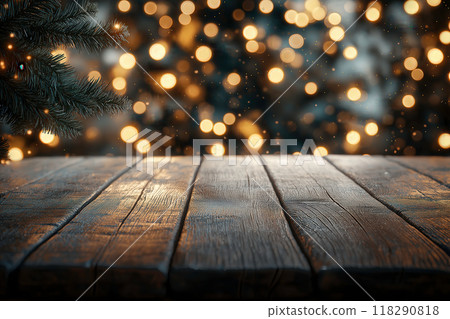 Christmas lights and wooden table background 118290818