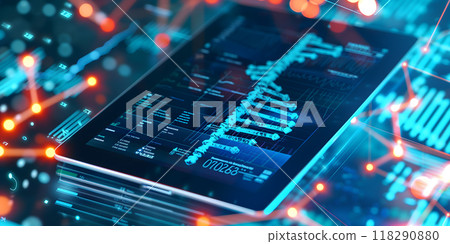 A tablet displaying a graphical  representation of a DNA model 118290880