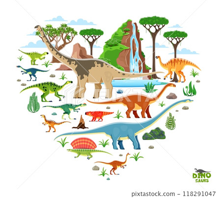 Heart shape with prehistoric dinosaur characters. Vector vibrant dino , herbivore and carnivore species at lush landscape with mountains, waterfall, trees, ferns and rocks, ancient natural environment 118291047