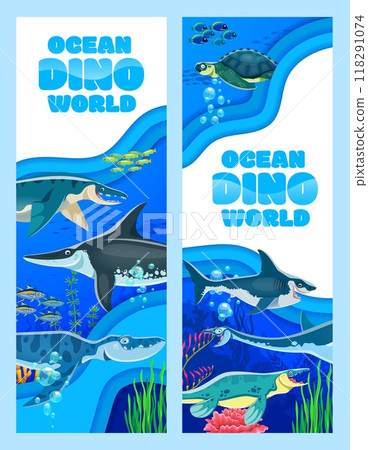 Paper cut banners with prehistoric underwater dinosaurs in the ocean. Vector vertical undersea papercut cards with cartoon reptile dino animals and aquatic creatures among coral reefs and seaweed 118291074