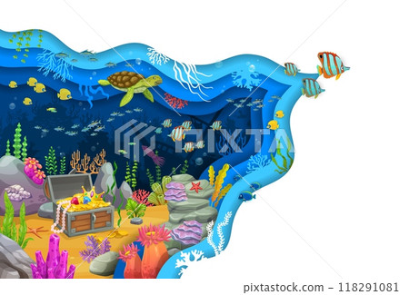 Paper cut sea underwater landscape with pirates treasure chest, vector cartoon poster. Ocean undersea and coral reef papercut landscape with sunken ship boat and treasure chest of Caribbean pirates 118291081