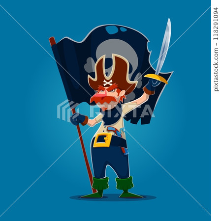 Cartoon pirate captain character with black flag with a skull emblem and saber in other hand, exuding authority and leadership. Vector naval swashbuckler personage with red mustaches and cocked hat 118291094