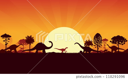 Prehistoric dinosaur silhouettes on sunset sky vector background. Jurassic forest nature landscape with tree, sun and dino animal silhouettes. Eoraptor, apatosaurus and cetiosaurus dinosaurs Prehistoric dinosaur silhouettes on sunset sky vector background. Jurassic forest nature landscape with tree, sun and dino animal silhouettes. Eoraptor, apatosaurus and cetiosaurus dinosaurs 118291096