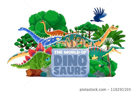 Cartoon prehistoric dinosaurs atlas book cover with funny dino characters, vector background. World of dinosaurs kids atlas book cover with Jurassic era lizards, reptiles and birds in jungle forest 118291103