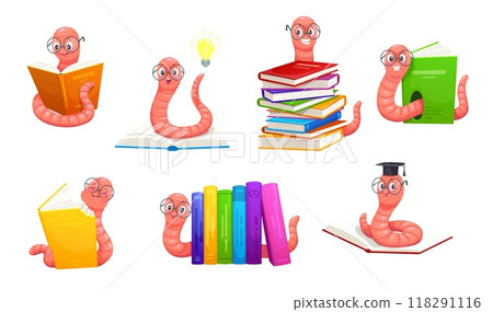 Cartoon cute bookworm characters in eyeglasses. Funny book worm animals vector set. Adorable smart larva personages reading, bite textbook cover, wearing mortarboard hat, having great idea light bulb 118291116