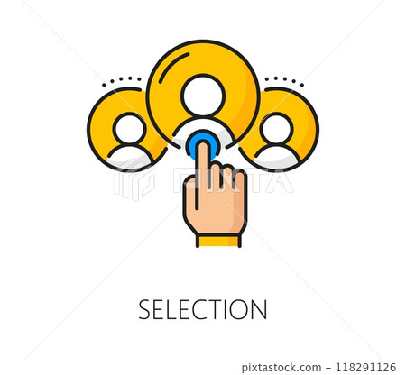Recruitment candidate selection color line icon. Business head hunter candidate linear symbol, employment or human resources recruitment outline vector sign or icon with hand choosing people icons Recruitment candidate selection color line icon. Business head hunter candidate linear symbol, employment or human resources recruitment outline vector sign or icon with hand choosing people icons 118291126
