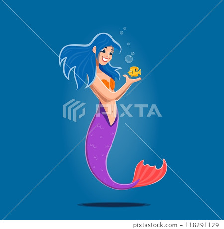 Cartoon mermaid character. Isolated vector whimsical underwater girl princess with golden fish. Fantasy adorable fairytale book or game personage with blue flowing hair, purple tail, friendly smile 118291129