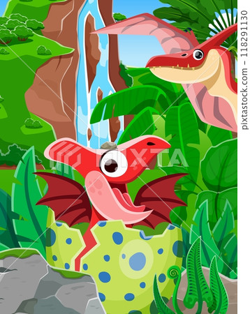 Cartoon funny dino kid with dinosaur mother in jungle forest, vector cartoon prehistoric poster. Pteranodon dinosaur bird mother with baby dino hatching from egg in Jurassic park forest 118291130
