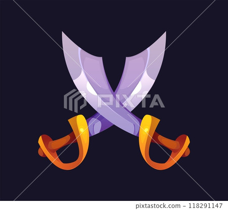 Cartoon crossed pirate swords. Two corsair sabers with cross blades. Isolated vector gleaming rover sabres, symbol of war, swashbuckling fights, danger, adventures and daring voyages on the high seas Cartoon crossed pirate swords. Two corsair sabers with cross blades. Isolated vector gleaming rover sabres, symbol of war, swashbuckling fights, danger, adventures and daring voyages on the high seas 118291147