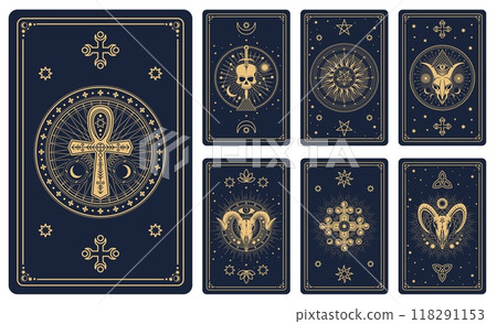 Tarot cards with esoteric magic symbols of skull, devil star and moon or sun, vector frames of golden lines. Tarot cards decks or reverse design with mason eye pyramid, crystal and Satan pentacle Tarot cards with esoteric magic symbols of skull, devil star and moon or sun, vector frames of golden lines. Tarot cards decks or reverse design with mason eye pyramid, crystal and Satan pentacle 118291153