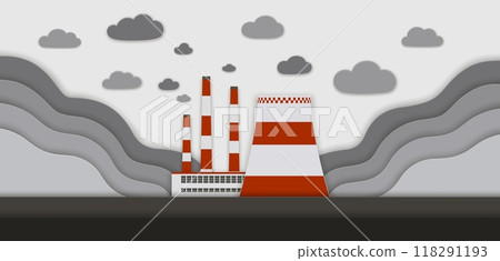Paper cut factory pollution, chimney smoke, environment papercut banner. Vector building of energy industry power plant, gas and oil refinery factory paper cut skyline, pipes and polluted air clouds 118291193