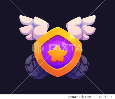 Motor and car racing rank award badge, featuring a winged shield with, tires and star. Game achievement, racing ranking or award pop up icon. Cartoon vector trophy representing success and recognition Motor and car racing rank award badge, featuring a winged shield with, tires and star. Game achievement, racing ranking or award pop up icon. Cartoon vector trophy representing success and recognition 118291207