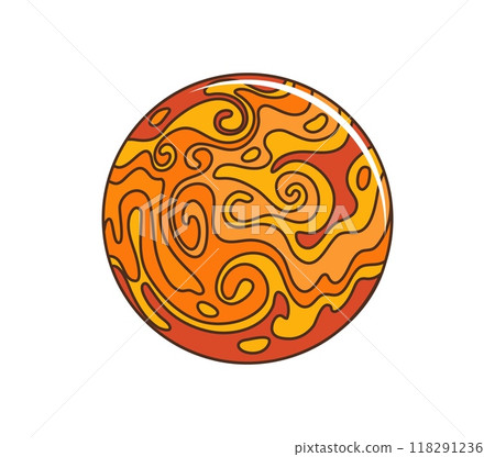 Cartoon groovy space planet with lava surface in galaxy, 70s retro art vector sticker. Groovy alien earth or extraterrestrial galaxy planet in psychedelic fire flow for funky disco and rave music 118291236