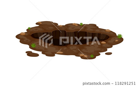 Dirty pit, burrow or deep ground hole with stones. Isolated vector brown soil burrow or garden animal tunnel entrance with pile of dirt, green grass and rocks. Natural ground holes and earth erosion 118291251