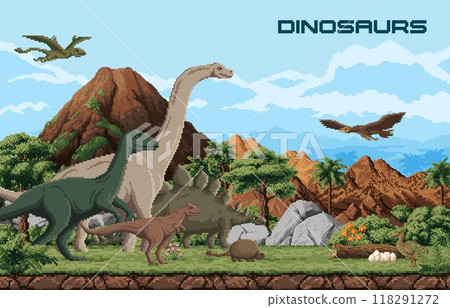 8 bit pixel art prehistoric dinosaurs and Jurassic lizards in forest, vector cartoon background. 8bit pixel prehistoric landscape with T-rex tyrannosaurus, brontosaurus, pterodactyl and velociraptor 118291272