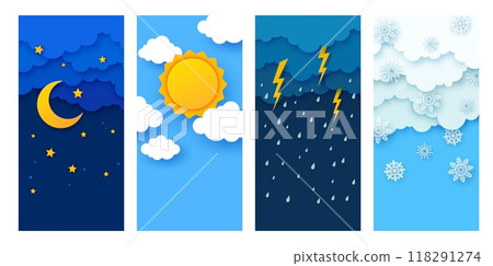 Weather paper cut with vector rain, clouds, sun, snow and lightnings on day and night sky background. Art craft origami banners of weather forecast app with 3d layered paper cut clouds, moon and stars 118291274
