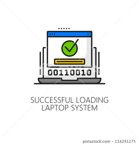 Laptop system software update successful loading line icon. PC application develop technology, software service update download outline vector sign with binary code on laptop screen and green mark 118291275