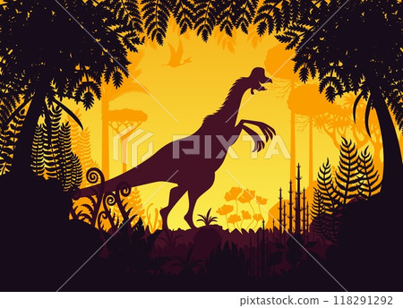 Prehistoric dinosaur silhouette in tropical forest. Vector scene with a mighty oviraptor dino shadow silhouetted against a vivid orange sunset background in a lush, fern-filled Jurassic era landscape 118291292