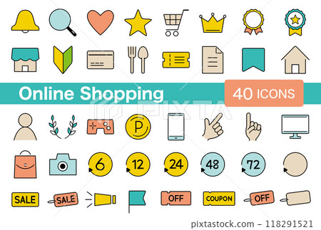 Online shopping mail order icon set 40 pieces line drawing color Online shopping mail order icon set 40 pieces line drawing color 118291521