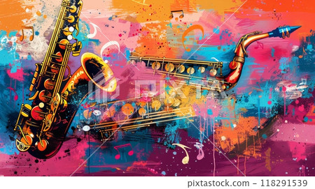 Abstract illustration of saxophones amid a burst of musical notes, energy and spirit of jazz music 118291539